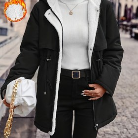 Resim Kadınlar için Rahat Polar Astarlı Kapüşonlu Kışlık Ceket, Fermuarlı Kapüşon ve İpli Bel - Sıcak, Kalın Günlük Dış Giyim Siyah Renkte, Soğuk Hava İçin Mükemmel, Kışlık Ceket 