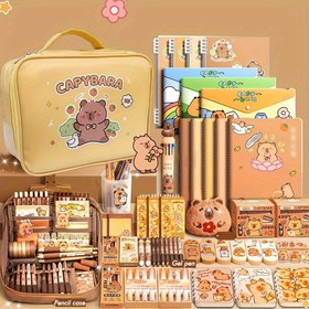Resim Capybara-Themed Stationery Gift Set - Pufferfish Tasarımı Kalem Kutusu, Vurgulayıcılar, Not Defteri, Dizüstü Bilgisayar ve Daha Fazlası İçerir - Hafif, Geniş Uçlu, Okul, Doğum Günü veya Arkadaş Hediyesi İçin İdeal, Öğrenciler İçin Hediye | Çizimli Kılıf 