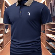 Resim Erkekler için Rahat Golf Grafik Gömlek - Kısa Kollu, Düğmeli Yaka, Nefes Alabilen Polyester, Mavi Renkli, Turuncu ve Beyaz Baskılı, Yaz Ayları İçin Mükemmel, Golf Gömleği 