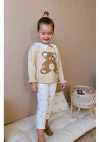 Resim Lolliboomkids Kız Çocuk Teddy Bear Sevimli Ayıcık Süzene Nakışlı Triko Kazak Fitil Çiçekli Tayt Alt Üst Takım Sütlü Kahve 