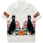 Resim Erkekler için Günlük Çiçek Baskılı Gömlek Siyah Köpek Tasarımı - Kısa Kollu, Düğmeli, Hafif Polyester, Yazlık Tatil Giyimi 