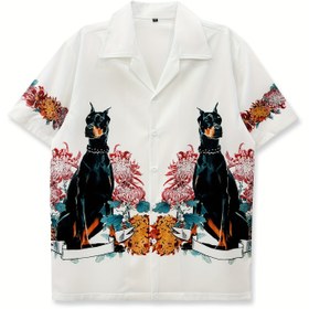 Resim Erkekler için Günlük Çiçek Baskılı Gömlek Siyah Köpek Tasarımı - Kısa Kollu, Düğmeli, Hafif Polyester, Yazlık Tatil Giyimi 