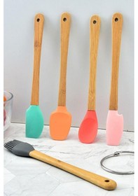 Resim Thentech 5'li Silikon Servis Spatulası Yumurta Sürme Fırçası Silikon Kaşık Tahta Saplı Hijyenik Set Kahverengi 