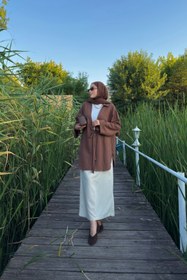 Resim Bipantolon Kadın Acı Kahve Bağlama Detaylı Flam Keten Kimono 