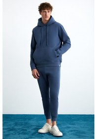 Resim Grimelange GRIMELANGE Hakone Erkek Organik Pamuklu İçi Polarlı Paçası Ribanalı Cepli Jogger İndigo Eşofman Altı İndigo 