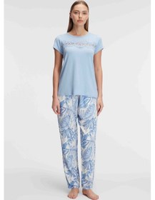 Resim Man9885-1014 Anil Ev Giyim Man9885 Anıl 9885 Kısa Kol Bisiklet Yaka Kadın Viskon Çiçek Desenli Yazlık Örme Dantel Detaylı Pijama Takımı Mavi 
