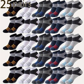 Resim 25 Çift Erkek Atletik Çorap - Renkli Çizgilerle Şık Siyah, Beyaz ve Gri Örgü Spor Çorapları, Polyester Karışımlı, Makine Yıkanabilir, Atletik Çoraplar|Şık Atletik Çoraplar|Esnek Malzeme 