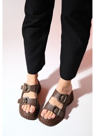 Resim Luvishoes Joanes Kahve Cilt Hakiki Deri Çift Bantlı Kadın Dolgu Taban Terlik Kahverengi 