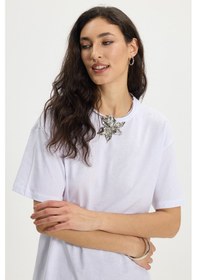 Resim Tudors Kadın Slim Fit Dar Kesim Pamuk Kısa Kollu Bisiklet Yaka Beyaz Tişört-50381 L 