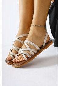 Resim Hakiki Deri Lucile Krem Çapraz İnce Bantlı Sandalet 001 