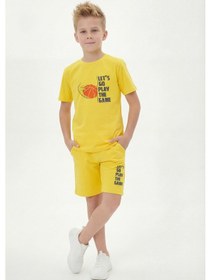 Resim Panios Kids Yuvarlak Yaka Tişört Renkli Kaprili Baskı Detaylı Erkek Çocuk Alt Üst Takım Sarı 