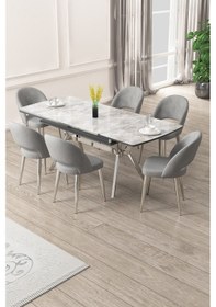 Resim Canisa Weps Serisi 89x150 Açılabilir Lak Panel Rampla Gri Krom Ayak Masa Takımı Ve 6 Gri Sandalye Rampla Gri Masa Gri Sandalye Krom Ayak 