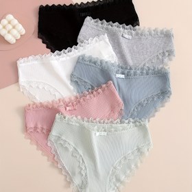 Resim 6 adet Dikişsiz Dantel Detaylı Slip, Basit Rahat Nefes Alabilen Esnek İç Çamaşırı, Kadın İç Giyim & İç Çamaşırı 