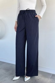 Resim Kadın Bel Lastikli Bağcıklı Bol Paça Pantolon Lacivert TZL-P-00020736 