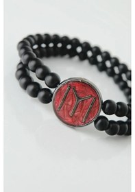 Resim Mey İthalat Bordo Metal Üzerine Füme Kayı Boyu Figürlü Siyah Renk Çift Sıra Doğal Taş Erkek Bilekli Çok Renkli 