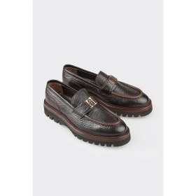 Resim Elle Elle Kahve Deri Erkek Klasik Loafer 