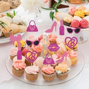 Resim 24 Parça/Set Parlak Pembe El Çantası Yüksek Topuklu Ayakkabı Fiyonk Ruj Gözlük Kadınlar için Doğum Günü Temalı Parti Cupcake Plakası, Prenses Cupcake Dekorasyonu, Cadılar Bayramı, Noel Etkinliği ve Parti Malzemeleri için Pasta Aksesuarı Cadılar Bayramı & Noel 