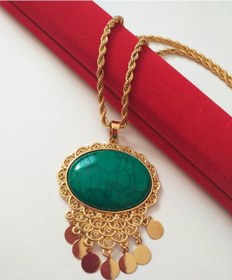 Resim Kadın Altın Kaplama Yeşil Firuze Taşlı Kolye Sarı 