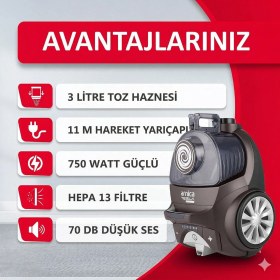 Resim Arnica Toz Torbasız Elektrikli Süpürge Güçlü Emiş Performansı ve Turbo Başlık Içeren Hepa 13 Filtreli Sessiz Temizlik Makinesi 