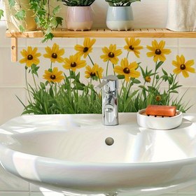 Resim 1 Adet Modern Fayans Sticker - Sarı Papatya ve Çimen Desenli, Banyo Dekorasyonu İçin Uygun, Ev Güzelleştirme, Düz Yüzeyler İçin Uygundur 