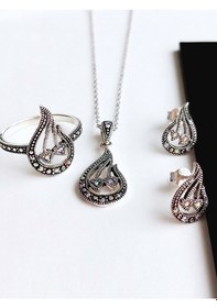Resim Ümüş Markazit Taşlı Otantik Lale Tasarım Kadın Set Kolye Küpe Yüz 