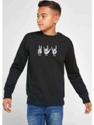 Resim Peace Love Rock Baskılı Unisex Çocuk Siyah Sweatshirt Siyah 
