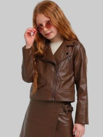 Resim Kız Çocuk Fermuar Detaylı Deri Ceket-13666 Kahverengi 
