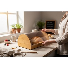 Resim Kapaklı Bambu Ekmek Saklama Kutusu Dolabı - Bambu Ekmeklik Açık Kahverengi 