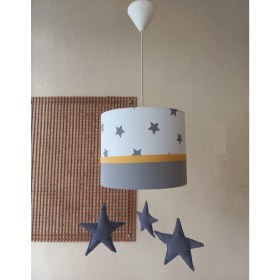 Resim Onay M-353 Beyaz Yıldızlı Gri Sarı Kumaş Kaplama Çocuk Odası ve Genç Odası Avize Aydınlatma Sarkıt 