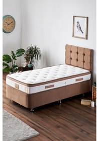 Resim Latte Yatak Seti 90x190 Tek Kişilik Yatak Baza Başlık - Sert Yatak, Kumaş Baza Ve Başlık Takımı 90 x 190 