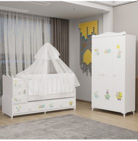 Resim Melina Yıldız 3 Kapaklı Dolap Takım + Yatak + Uyku Seti - Ayıcık Beyaz 