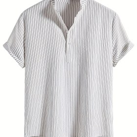 Resim Erkekler için Nefes Alabilir Çizgili Kısa Kollu Gömlek, Dik Yaka ve Önü Düğmeli - Hafif Polyester Kumaş, Günlük Dış Mekan Stili, Koyu Mavi Çizgiler, Makinede Yıkanabilir 