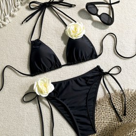 Resim Kadınların Siyah Bikini Seti, Çiçek Detaylı - Yüksek Esneklikli Kumaş, Geometrik Desen, Kemer Yok, Rahat Tarz, Konvansiyonel Alt, FUBA.VI Markası, Plaj Kıyafeti|Çiçek Detaylı Bikini|Esnek Kumaş 