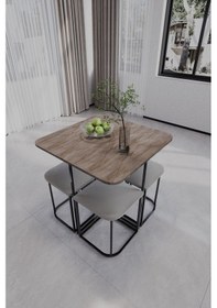 Resim Rüzgar Dekoratif Oval Tabureli Yemek Masası Gri 