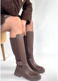 Resim Yandan Fermuarlı Diz Altı Topuklu Çizme Cilt Kahverengi Topuk Boyu 3 Cm Kahverengi 