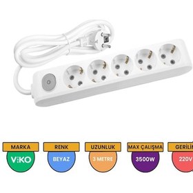 Resim Viko Multi-let 5'li Anahtarlı Topraklı Çocuk Korumalı Grup Priz 3 Metre Beyaz - 90117503 