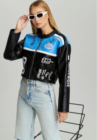 Resim Black Level Kadın Puf Deri Oversize Baskılı Motorcu Montu Şeritli Fermuarlı Yarışçı Ceketi Bomber Kolej Mont 