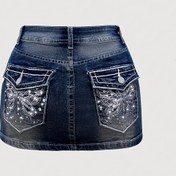 Resim Kadınlar İçin El İşlemeli Taşlı Denim Kısa Etek - Popo Vurgulu Kısa Boy Cep Detaylı, Makinede Yıkanabilir Düz Renk Stil Etek, İlkbahar Yaz Sonbahar için Gündelik ve Şık Kombinler 