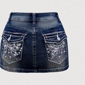 Resim Kadınlar İçin El İşlemeli Taşlı Denim Kısa Etek - Popo Vurgulu Kısa Boy Cep Detaylı, Makinede Yıkanabilir Düz Renk Stil Etek, İlkbahar Yaz Sonbahar için Gündelik ve Şık Kombinler 