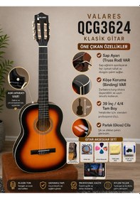 Resim Valares Qcg3624 Klasik Gitar 39 4/4 Tam Boy Sap Ayarlı Truss Rod Köşe Korumalı Askı Aparatlı Parlak Gloss Sunburst 