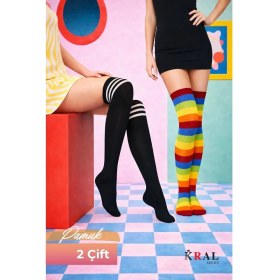 Resim Kral Socks Kadın Dizüstü Çorap (2 Çift) Günlük Düz Çizgili Pamuklu Diz Üstü Siyah Çorap Yeni Trend 