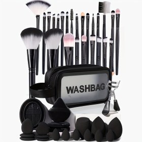 Resim Naylon Kıllarla Tam Makyaj Fırça Seti, ABS Plastik Saplar, Cinsiyetsiz Yıkama Çantası, Kirpik Kıvırıcı, Süngerler, Silikon Temizleme Kasesi, Avuç Fırçası - Fondöten, Allık ve Pudra Uygulamaları İçin Tam Set, Normal Cilt Tipi 