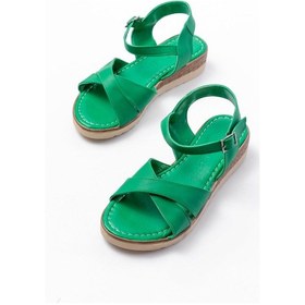 Resim 692-564 Çimen Yeşili Ortopedik Taban Çapraz Tokalı Kadın Sandalet Bej 