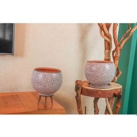 Resim Bitki Tasarımı Ev Dekorasyon Krem Kahve Şekilli Artistik Çift Sırlı Tabaklı ve Ayaklı Toprak Saksı İkili Set 