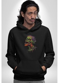Resim Zombi Kafası Kadın Erkek Siyah Kapüşonlu Sweatshirt Hoodie Siyah 