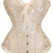 Resim Kadınlar için Askısız Korse Üst - Çiçekli Dantel Ön Fermuarlı Bel Eğitici, Fırfırlı Kenarlı Bej Vintage Esintili Şekillendirici ve Duruş Destekli Shapewear, Korse Bel Eğitici, Şık Siluet Geliştirici, Zarif Kumaş Tasarım 