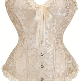 Resim Kadınlar için Askısız Korse Üst - Çiçekli Dantel Ön Fermuarlı Bel Eğitici, Fırfırlı Kenarlı Bej Vintage Esintili Şekillendirici ve Duruş Destekli Shapewear, Korse Bel Eğitici, Şık Siluet Geliştirici, Zarif Kumaş Tasarım 