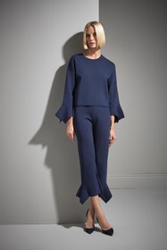 Resim Beli Lastikli Volanlı Lacivert Triko Pantolon 