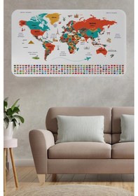 Resim Türkçe Ülke Bayrak Lı Eğitici Başkent Detaylı Atlası Dünya Haritası Duvar Sticker -60x105-3858 Renkli 