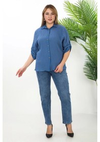 Resim Lady Majestic %100 Cotton Büyük Beden Kadın Müslin Kumaş Gömlek Mavi 